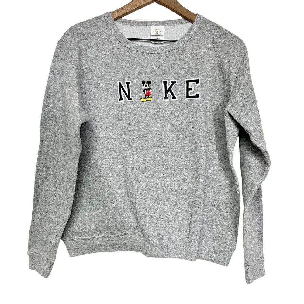 Hanes EcoSmart Disney Mickey Mouse Crewneck Gray Sweatshirt Womens Sz M Patches